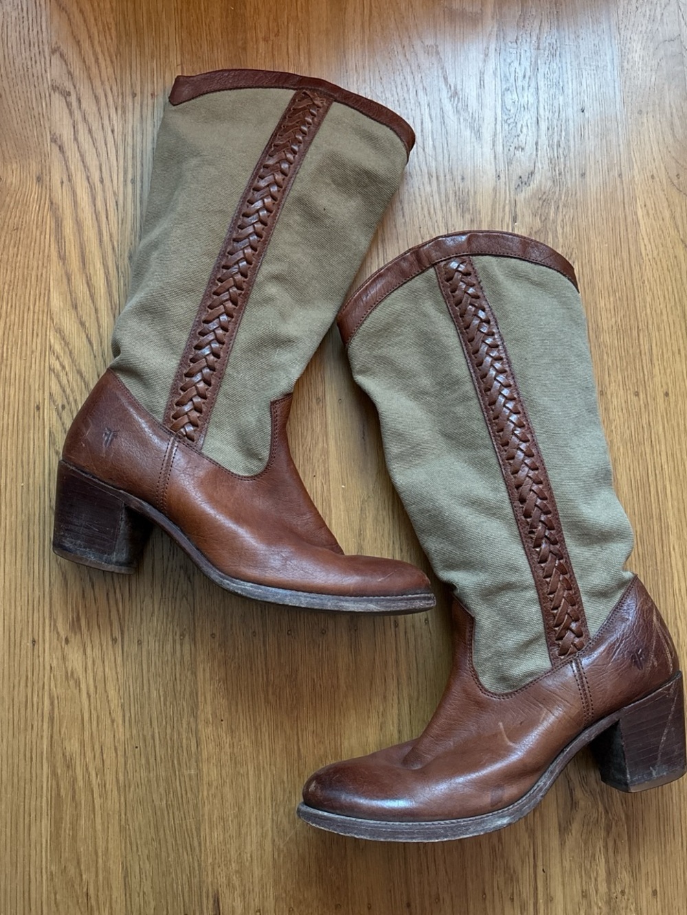 Vintage Jane Frye 10 Knee High Boots Braided Leather Brown Round Toe Canvas